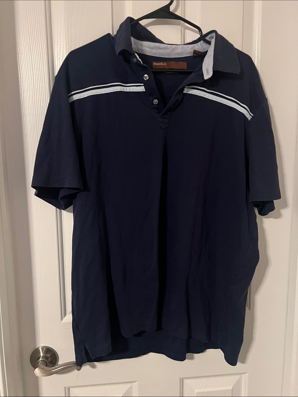 Perry Ellis Navy Polo with White Chest Stripes